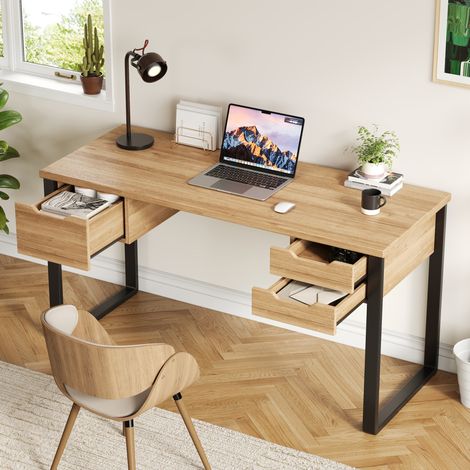 Scrivania 130x55x76 cm nero e legno naturale in MDF e metallo con 3 cassetti (1/5)