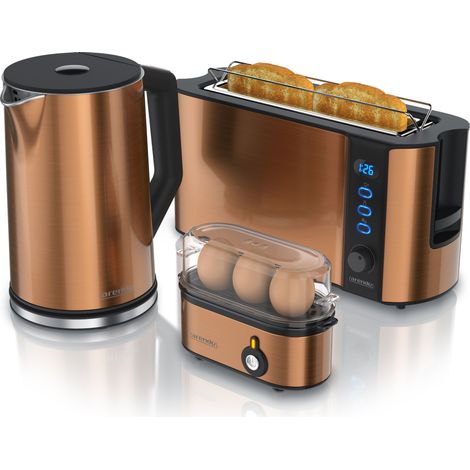 Arendo Frühstücksset, Wasserkocher 1,5l, 2-Scheiben Toaster Langschlitz, 3er Eierkocher, Kupfer (1/5)