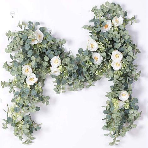 Guirlande florale d'eucalyptus - 8 roses blanches - Fleurs artificielles, feuilles vertes, guirlande de fleurs grimpantes, idéale pour la décoration de fêtes, de tables de mariage, d'intérieurs et d'e (1/5)