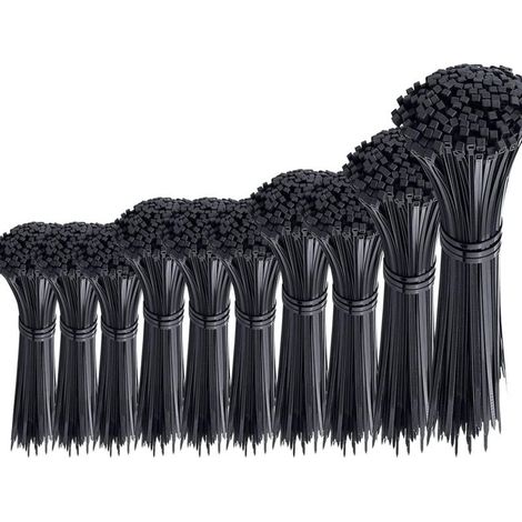 Lot de 1000 attaches de câble noires attaches de câble en plastique lourd attaches de câble en nylon assortiment d'attaches à glissière 100/150/200/250/300 mm longueur 3/4 mm largeur