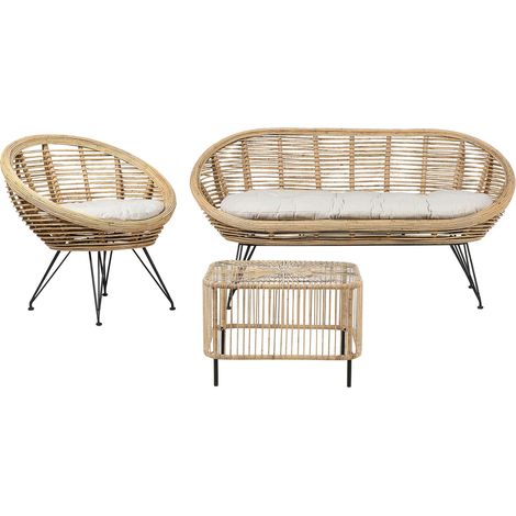 Set divano 3 posti Boho con tavolino Rattan Beige chiaro Cuscino in tessuto di cotone Resistenza media Interno Esterno Naturale Maratea/Cesenatico (1/5)