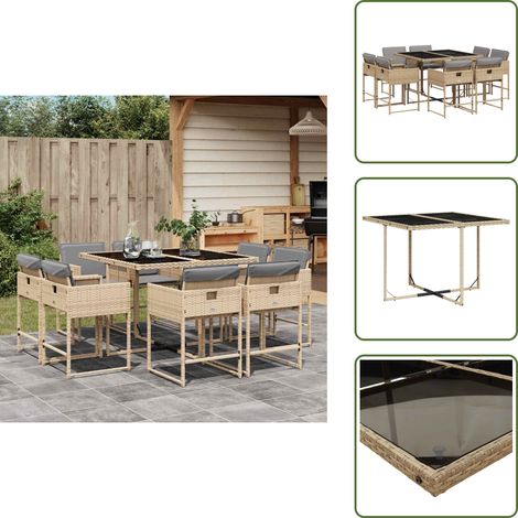 Ratán sintético - vidaXL Set comedor de jardín 9 pzas con cojines ratán sintético beige - Cojines para sillas