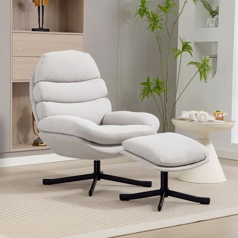 Sillón con reposapiés giratorio 360°, tejido chenilla, 78 x 93 x 100 cm, blanco crema HAVRYA (1/4)