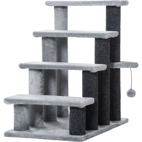 Katzenleiter 64 cm, 4 Stufen mit Ball und Plattform, Jute und grauem Plüsch (1/4)