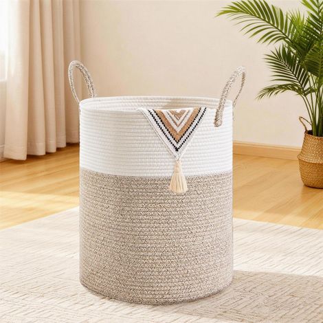 Geflochtener Wäschekorb 53L mit Baumwollhenkel, Boho-Stil, Braun & Weiß (1/5)