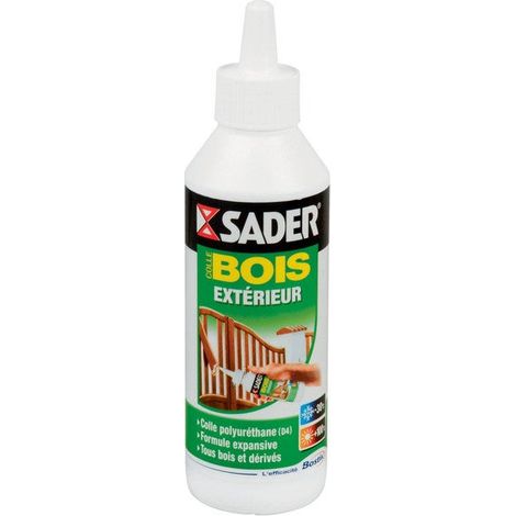 Colle à bois polyuréthane extérieure 250g – Excellente résistance chaleur et humidité – Adhère sur tous supports – Pour bois dur et exotiques – Sader