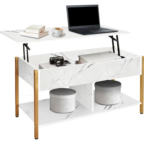 Table Basse, Table de Salon avec Plateau Relevable, Tiroirs de Rangement, avec Rangement Ouvert et Compartiment Caché, 90x48x62cm (1/5)
