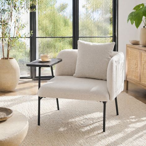 Sillón relax de chenilla beige con mesa auxiliar integrada y bolsillo lateral (1/5)
