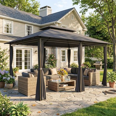 Cenador para Jardín 3x4 m Pabellón de Jardín Gazebo con Doble Techo 6 Paredes Laterales Estructura Metálica Gris