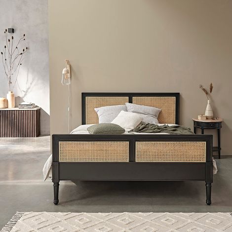 Lit en acajou massif massif et cannage 160 cm avec sommier