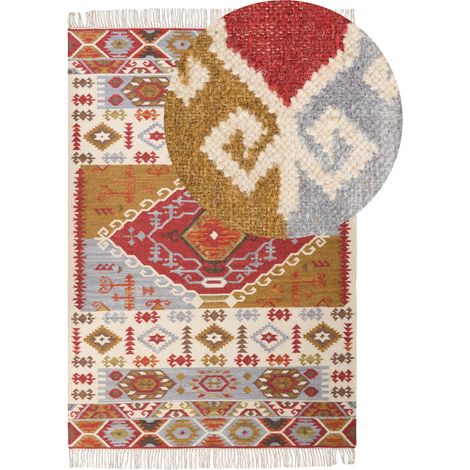 Alfombra kilim de lana naranja marrón gris 160 x 230 cm a mano patchwork borlas Proshyan