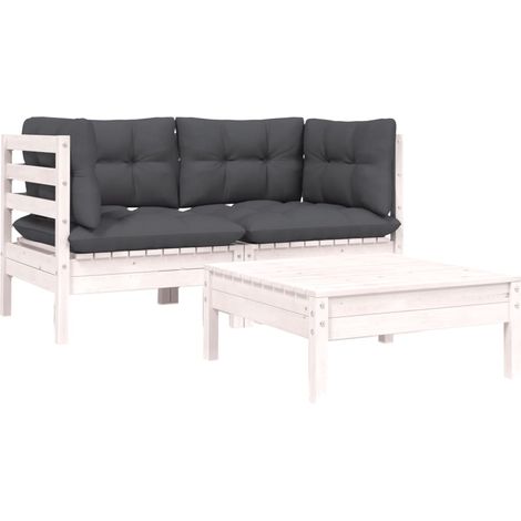 Salon de jardin 3 pcs Contemporain, Ensemble repas de jardin, avec coussins Blanc Bois de pin massif OIB5545E (1/5)