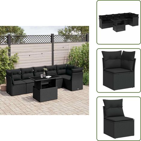 The Living Store Salon de jardin 7 pcs avec coussins noir résine tressée - Ensemble Salon De Jardin - Salon De Jardin Extérieur - Meuble De Jardin - Table De Jardin Extensible - Chaise Longue (1/5)