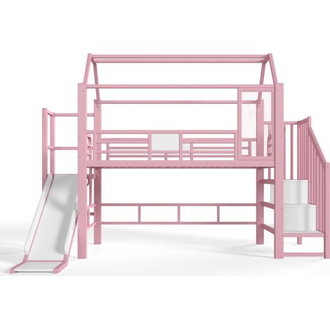 Rosa Kinder-Hochbett aus Metall mit Rutsche, Bluetooth-LED, 90 x 200 cm HOMVRA (1/5)
