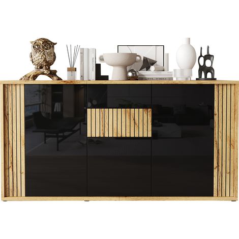 Sideboard mit 3 Grifflosen Türen, 6 Fächern, Push-to-Open, für Wohnzimmer, aus MDF, 140x35x71 cm, Schwarz Holzoptik (1/5)