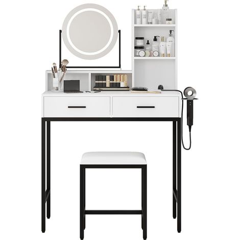 Coiffeuse Moderne avec Miroir Rotatif à 360°, Table de Maquillage avec Prises et Ports USB, 2 Tiroirs, Étagères et Tabouret Confortable pour Chambre