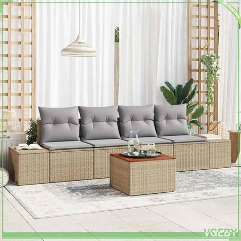 Ensemble canapé de jardin 5 pcs - FAFEICY - Modulaire - Beige - Poly rotin tissé main - Acacia massif & cadre acier (1/5)