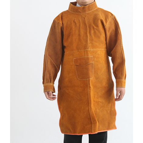 Leder-Schweißer-Arbeitsschürze, flammhemmend, verschleißfest, verbrühungshemmend, Schweißerschutzkleidung, 130 cm, lange Ärmel, Gelb