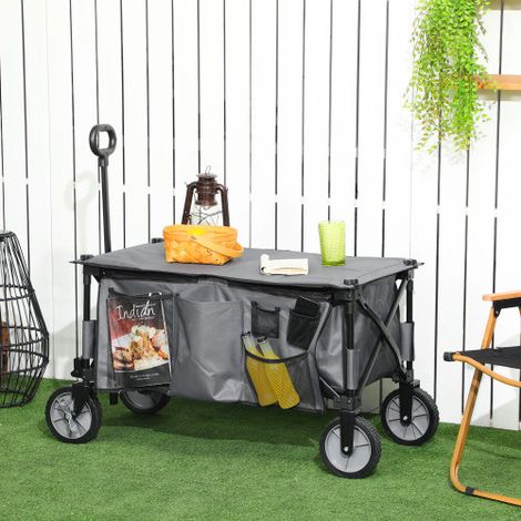 Chariot de transport pliable 120 kg en acier, poignée réglable, freins, 5 poches + tablette rabattable, gris foncé