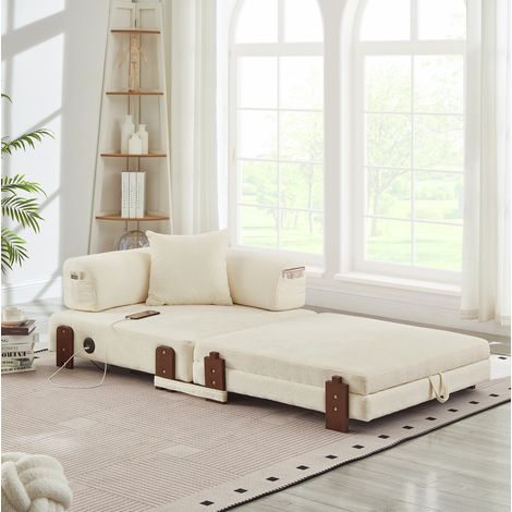 Canapé convertible de tejido beige 2 en 1 con puertos USB/Type-C y almacenamiento (1/5)