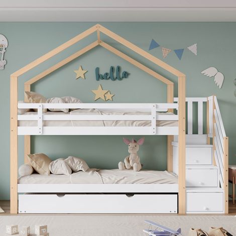 Lit superposé 90x200 cm avec lit gigogne 90x190 Lit cabane enfant escalier avec rangement protection antichute Bois massif Blanc (1/5)