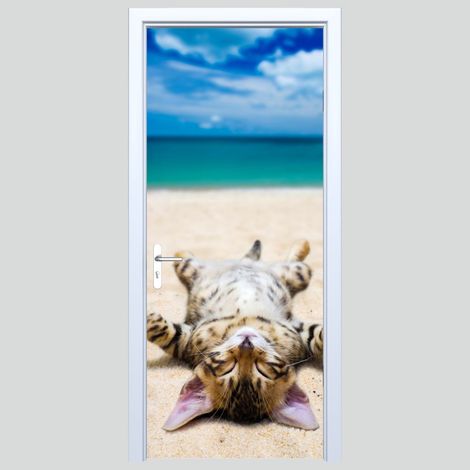 Autocollant de porte en tissu « Chaton sur la plage » 181PD