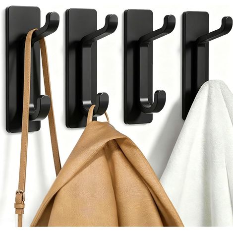 Porte-serviettes sans perçage : Crochets adhésifs extra-forts de 6 kg, crochets muraux autocollants pour chapeaux, serviettes et manteaux, lot de 4, noir (1/5)