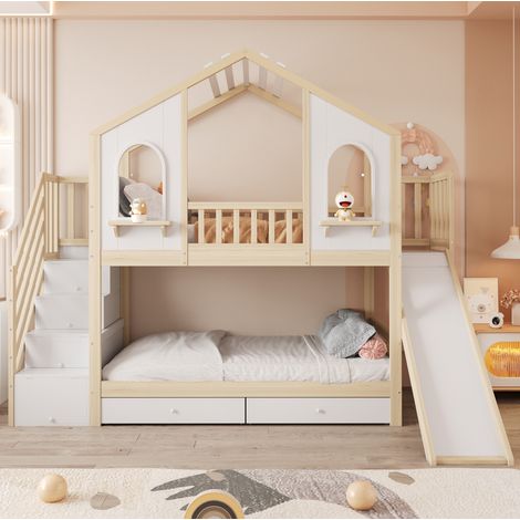 Letto a castello bambini 90x200 cm a forma di casa con scivolo, scala contenitore e 2 cassetti, naturale e bianco, materasso non incluso (1/5)