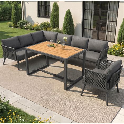 Set de jardín modular de 7 plazas, con mesa de WPC, cojines de 9 cm, hierro y gris (1/5)