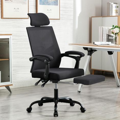 UEV Sedia da Ufficio Ergonomica con Poggiapiedi, Sedia da Scrivania con Poggiatesta Regolabile, Supporto Lombare, Regolabile in Altezza, Inclinabile, Fino a 136 kg, Tessuto Traspirante, Nero