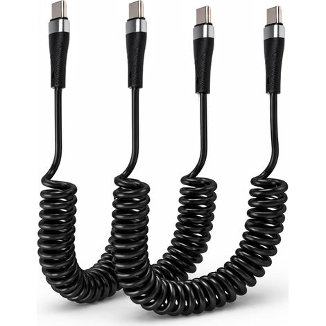 Lot de 2 câbles USB-C spiralés pour voiture, charge rapide 100 W 6 A, extensibles de 10 cm à 1 m, anti-nœuds, câble court pour voiture, smartphone, tablette et ordinateur portable. (1/5)
