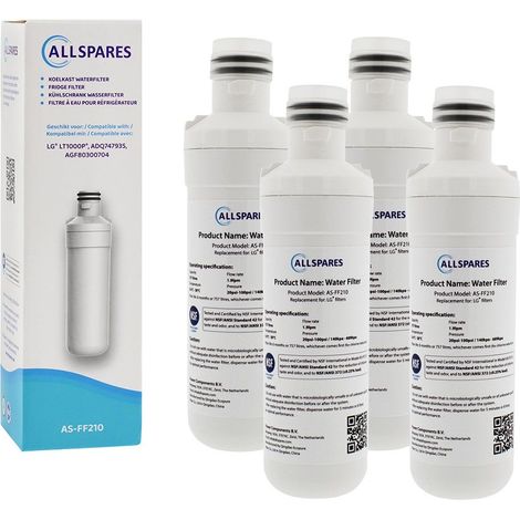 Filtro de agua AllSpares (4 unidades) para frigorífico compatible con LG LT1000P / AGF80300704 / ADQ74793501 (1/5)
