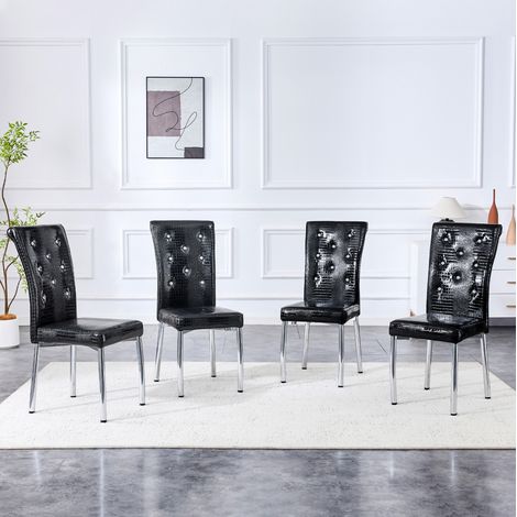 Set di sedie da pranzo con rivestimento effetto pelle di alligatore, dettagli con bottone cristallo, gambe in metallo nero, PVC nero (1/5)