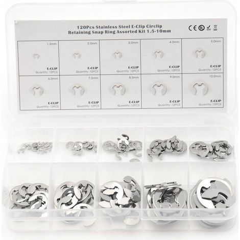 royaluxe - Anneau E-Clip en Acier Inoxydable, 120 Pcs Bague de Retenue Externe Snap Kit, M1,5-M10 Assortiment Circlip avec Boîte de Rangement, pour la Rainure de l'arbre de la Machine,