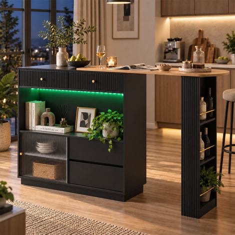 Table de bar extensible 120x30x100cm, comptoir mobile pivotant à 360°, grand rangement et ruban LED multicolore, style bistrot, blanc (1/5)