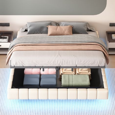 Letto contenitore matrimoniale 180x200 cm, con sollevamento idraulico e LED, in tessuto beige, senza materasso (1/5)