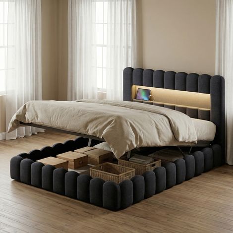 Lit coffre 180x200, tête de lit avec éclairage LED & ports USB/Type-C, lit double hydraulique, lit adulte, lin, style moderne scandinave(180x200cm, Gris foncé)