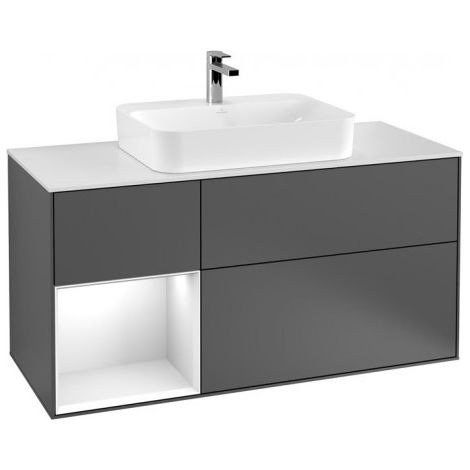Finion, Meubles sous lavabo, 1200 x 603 x 501 mm, Angulaire,avec meuble étagère (éclairé), modèle suspendu, En bois, lavabo au milieu, éclairage LED, 1x LED / 2,3W, 2x LED / 4,2W, 2700 K à 6480 K, Peo