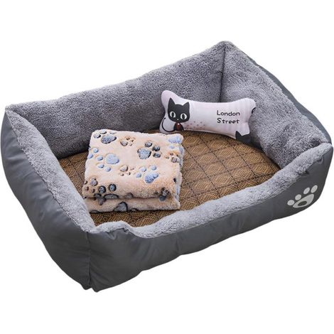 Panier chien tissu doux avec coussin rafraîchissant, couverture et os en peluche (1/5)
