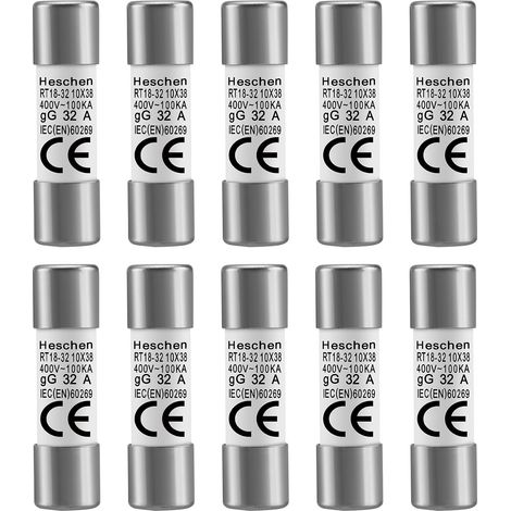 Heschen RT18-32 (RO15) 10 x 38mm 32A 400V Ceramic Cylindrical Fuse (Pack of 10) (1/5)