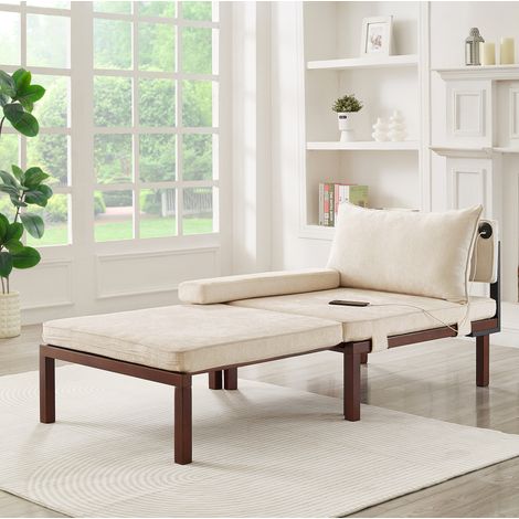 Sillón cama plegable beige en terciopelo con puerto USB Type-C y función 2 en 1