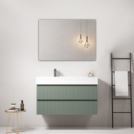 Mobile bagno sospeso cannettato 100 cm Verde Salvia Lavabo a Sinistra in Resina Specchio Quadro - Fiji Paint (1/4)