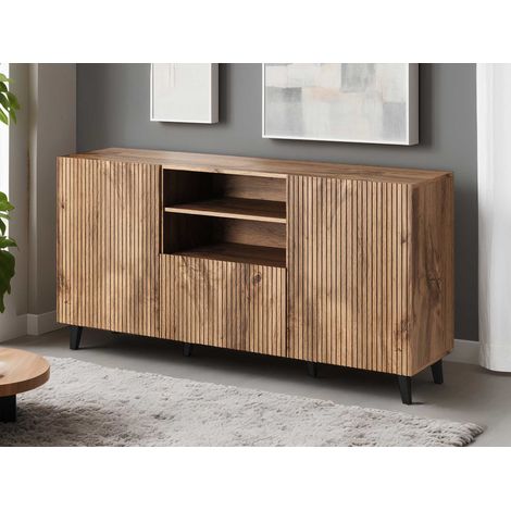 Bestmobilier – Buffet bas effet bois 150 cm – Résistant à l'humidité et aux rayures – 2 niches et 2 portes – Style contemporain pour rangement optimal