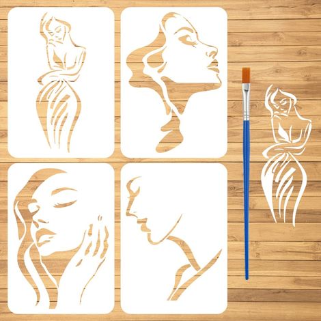 4 Pcs Pochoir de Peinture de Figures Minimalistes Avec Pinceau 21x29.7cm Modèle de Dessin pour Beauté Femme Art Moderne Thème Femme Pochoir DIY pour Peinture sur Bois Mur Tissu Meubles (1/5)