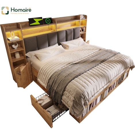 Eiche Bettgestell aus Polyester 219 x 228 x 116 cm mit Stauraum und USB-Anschluss HOMAIRE (1/5)