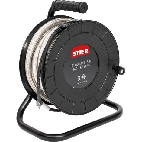 STIER LED Streifen Baustrahler, 15m, 13.500lm, 6400k, 900lm/m, erweiterbar auf 75m, direkt Anschluss, LED Strip, PVC, Schutzart IP65, mit praktischen Standfüßen und Handgriff