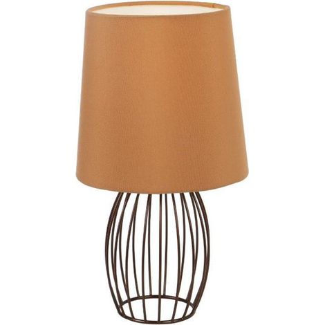 Ausgefallene Tischleuchte AKIN mit braunem Stoffschirm und Metallgitter, H: 29cm