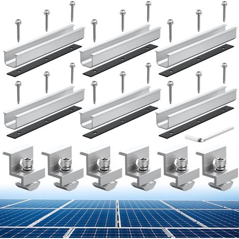 Kit de Fixation en Aluminium pour Panneaux Solaires  6 Rails Courts de 200mm, 6 Pinces d'Extrémité en Z, pour 30/35mm Solaires Panneaux Montés sur le Toit Plat, Argent (1/5)