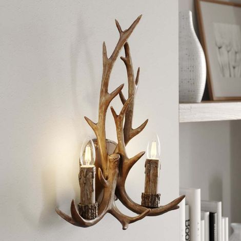 [NEUWERTIG] B-Ware Lindby Wandleuchte Fibi LED Wandlampe Geweih 2-flammig dimmbar braun 36x47cm (1/2)