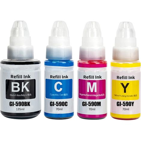 Encre Compatible avec Canon GI490 GI590 Bouteille d'encre Multipack pour PIXMA G1400 G1410 G2400 G2410 G3400 G4400 G4411 G1500 G1510 G2500 G2510 G3500 G3510 G4500 G1501(4-Pack) (1/5)